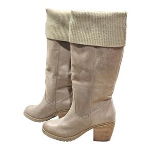 Report Taupe Leather Tall Boots Ribbed Knit Sweater Cuff Stacked Block Heel 6.5